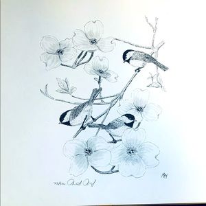 Unframed pen&ink print by Martin May Chickadees